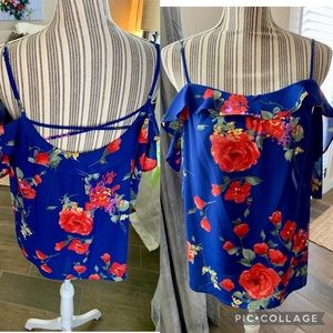 Off-Shoulder Bright & Colorful Top 
Size: Med
Color: Blue background multicolors